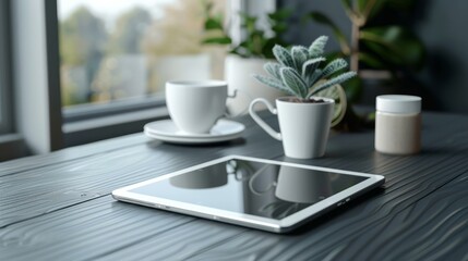 A tablet on a wooden table with a cup of coffee, a potted plant, and a small jar with a lid.