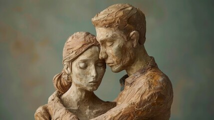 A touching figurative sculpture of a man and woman embracing, made of clay