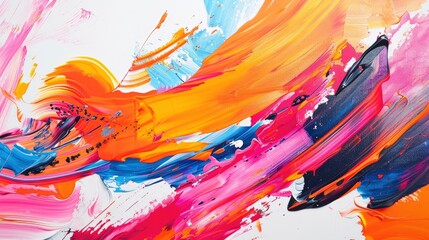 Abstract painting with thick brush strokes and neon orange, pink, blue color palette. White background