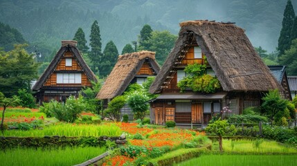 Fototapeta na wymiar A traditional Japanese village with thatched roof houses and rice fields.