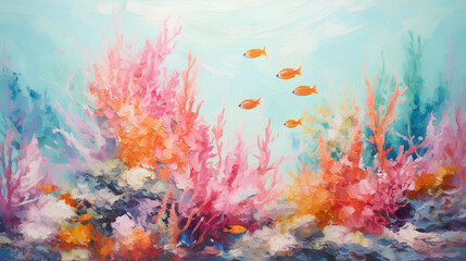 Vibrant Underwater Coral Reef, Impressionist Ocean Life, Aquatic Ecosystem Art