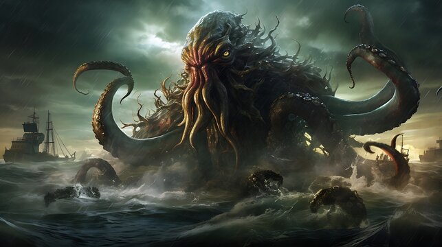 Image Portraying a Kraken Emerging from the Depths
