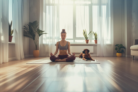 A young woman meditates in the living room with her dog sitting next to her. A woman does yoga. Mental health and relaxation concept.