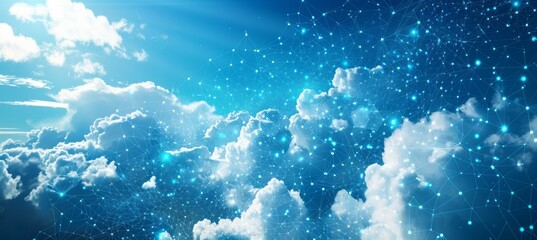 Fototapeta na wymiar Cloudscape sky with shiny blue light particles. Generative AI technology.