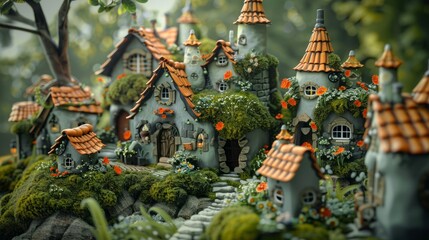 A whimsical fairy village nestled among lush foliage with stone cottages featuring arched doorways and flower-covered walls