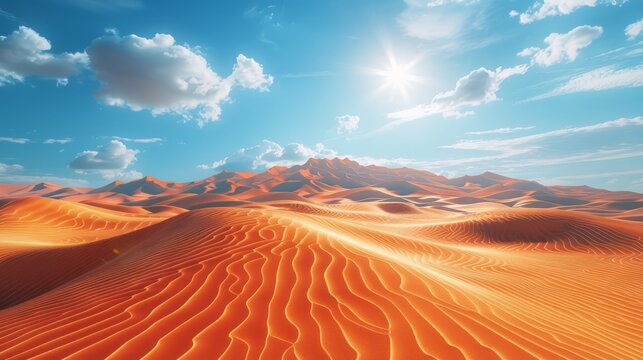 A vast desert landscape with rolling sand dunes under a blue sky with white clouds