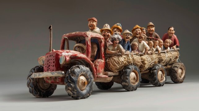 A whimsical sculpture of a red tractor pulling a trailer full of happy people.
