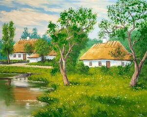 Oil paintings landscape, artwork, fine art,  spring in the old village, old huts, pond
