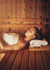 sleep, spa and woman in sauna to relax for wellness, luxury and skincare for beauty and health....
