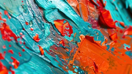 Abstract red, turquoise and orange color painting. Abstract expressionism art style. Close up view of an abstract painting with brush strokes and textures. Bright colors
