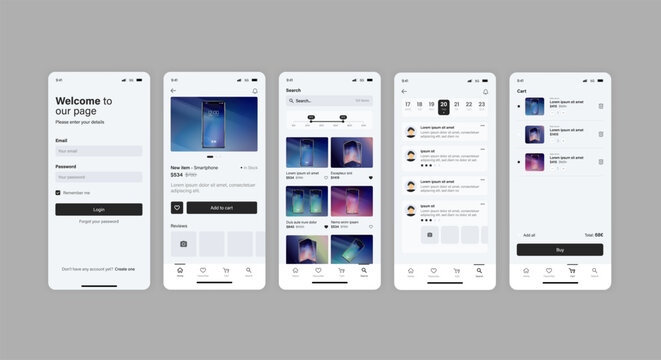 Smartphone UI app. Phone screens for shop application. Mobile interface with account login and shopping cart. Screenshots responsive website mockups.