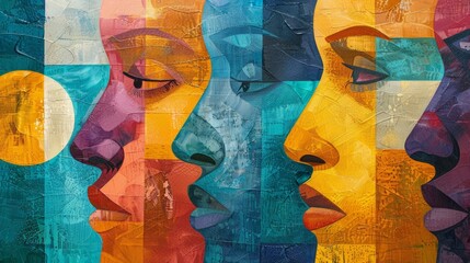 An abstract painting of multiple faces made of bright colors.