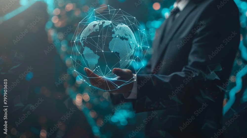 Aufkleber businessman holding Global network connection. Big data analytics and business intelligence concept. World map point and line composition concept of global business.Digital link tech.