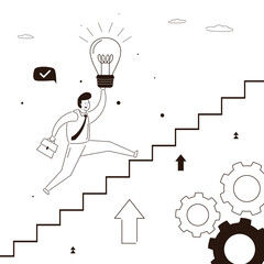 Business development, career ladder, success for worker man or male leadership, goal achievement and business challenge. confidence businessman climbing up staircase