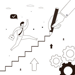 Business coach hand uses pencil draws career ladder or way to success. Ambitious student or businessman climbing stairs. Mentorship, business support,