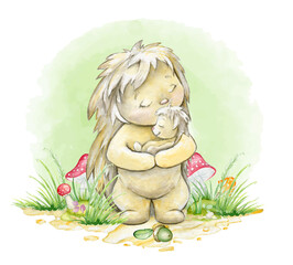 Hedgehog mom and baby, mushrooms. watercolor clipart