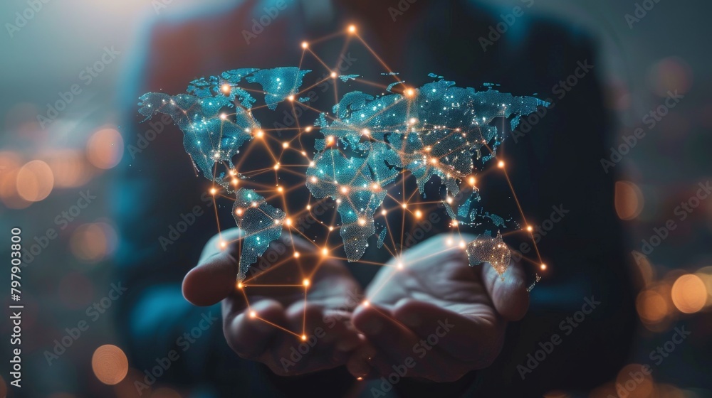 Poster businessman holding Global network connection. Big data analytics and business intelligence concept. World map point and line composition concept of global business.Digital link tech.