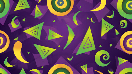 Purple background with green triangles and yellow colored spiral shapes. 