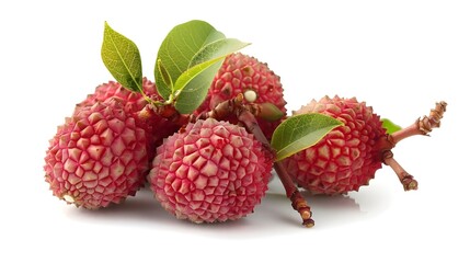 Fresh Lychee Fruits with Green Leaves Isolated on a white background ai generated 