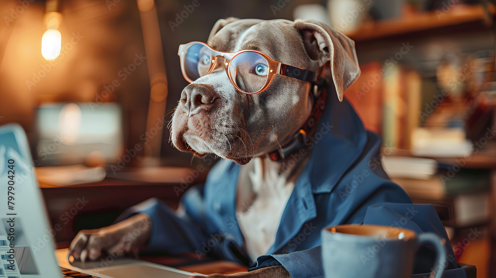 Poster realistic photography of a pit bull dressed as a graphic designer. creatively designing visuals and 