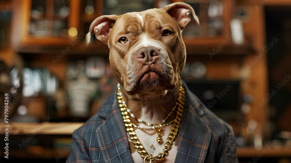 Poster realistic photography of a pit bull dressed as a graphic designer. creatively designing visuals and 