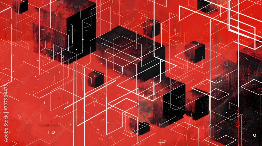 Poster red background with white lines and black colored cube shapes.