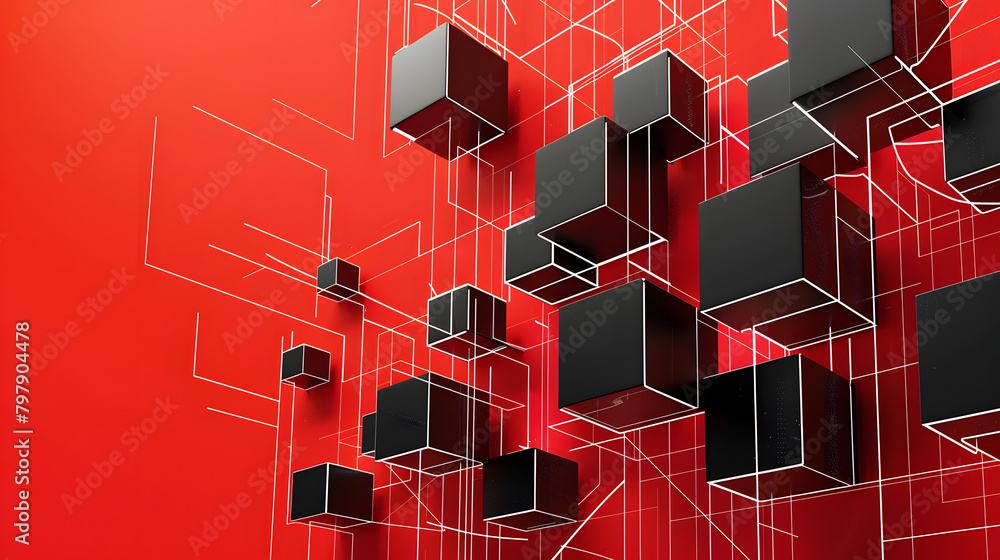 Poster red background with white lines and black colored cube shapes.