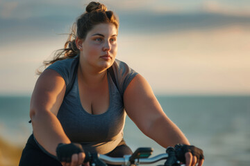 An overweight young woman rides her bicycle along the ocean. Healthy lifestyle. Weight loss