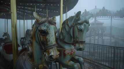 Carousel Horses Shrouded in Enigmatic Fog Under Starless Skies - 797904665