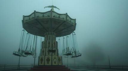 Eerie Silent Wave Swinger Ride in Abandoned Amusement Park on a Misty Gloomy Day - 797904682