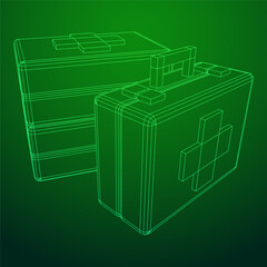 Suitcase of medical aid. Med kit symbol of emergency assistance with cross first aid equipment and treatment. Wireframe low poly mesh vector illustration