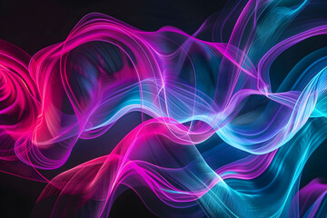 Luminous neon pink and cyan waves. Mesmerizing abstract art on black background.