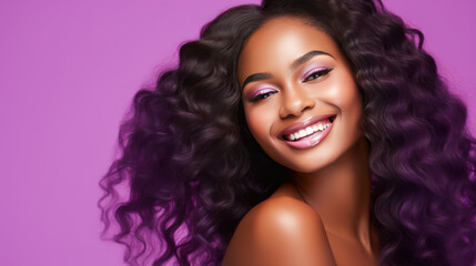 Beautiful, sexy, happy smiling dark-skinned African American woman with perfect skin and long hair, on a violet background, banner.