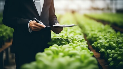  An agricultural inspector examines a lush, green crop of leafy