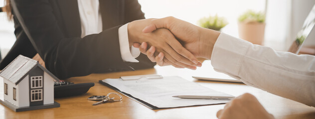Real estate, success deal asian young woman handshake or shaking hand with landlord realtor, client...