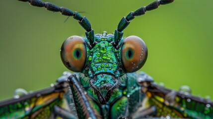 A closeup of the eye and head of an insect, macro photography style, with vibrant colors against a green background. The focus is on capturing intricate details in its eyes