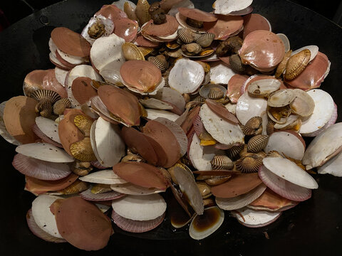 Scallop and blood cockles on black pan. Pile of clam shells or seafood ready to cook
