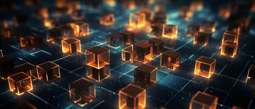 3D cubes connected by lines, illustrating network connections and data transfer in a technology concept,
