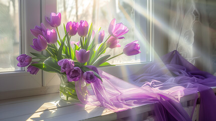 Sunlit Purple Tulips in Vase by Window with Sheer Curtain
