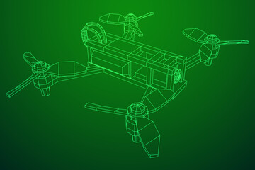 FPV Drone Racing freestyle sport flight. Hobby toys. Wireframe low poly mesh vector illustration.