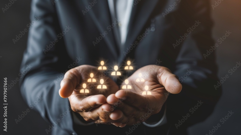Poster crm. customer network relationship management concept, businessman hold of global structure customer