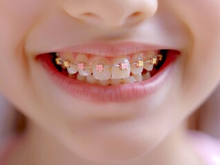 The look is close to the teeth's braces on the white teeth of boy to equalize the teeth. Dental concept