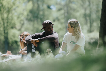 Group of young adults lounging and talking in a sunlit park, reflecting carefree attitudes and joy,...