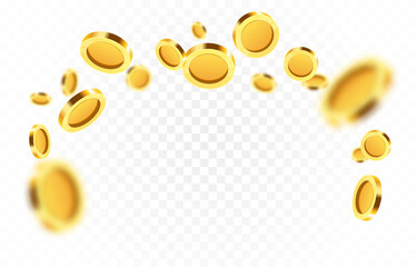 Realistic gold coins png. Explosion of gold coins png. Gold coins fall from the sky. Victory, easy money.