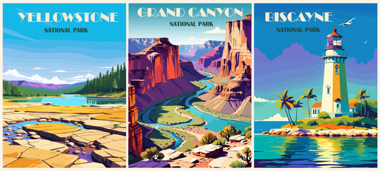 Set of Retro National Parks  USA posters. Yellowstone, Grand Canyon, Biscayne vintage digital prints. Trendy printable wall art with beautiful american landscapes. Vector colorful illustrations.