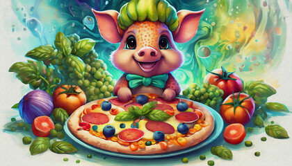 oil painting style CHARACTER CUTE piglet Tasty pepperoni pizza and cooking ingredients, food, pizza