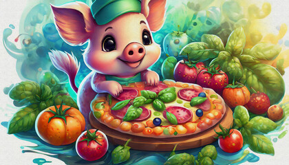 oil painting style CHARACTER CUTE piglet Tasty pepperoni pizza and cooking ingredients, food, pizza - obrazy, fototapety, plakaty