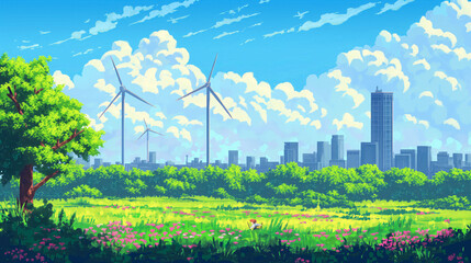 Idyllic cityscape with modern wind turbines against a backdrop of skyscrapers and a lush green field under a blue sky. - obrazy, fototapety, plakaty