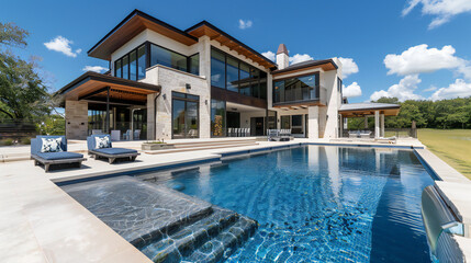 Elegant Modern Oasis: Luxurious Texas Home with Sparkling Pool, Majestic Patio, and Breathtaking Countryside Views