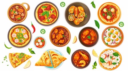 Desi, Indian traditional food set, top view. pizza, hummus, biryani, chicken curry, momos, tikka, korma, samosas. Food collection set isolated on white background.